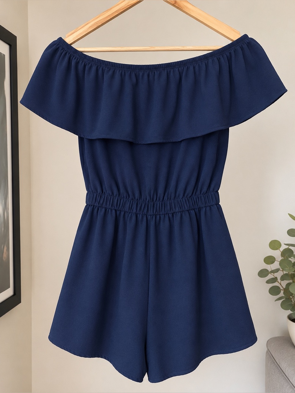Haute Monde Navy Off Shoulder Ruffle Romper Size S Elastic Waist - Picture 4 of 7